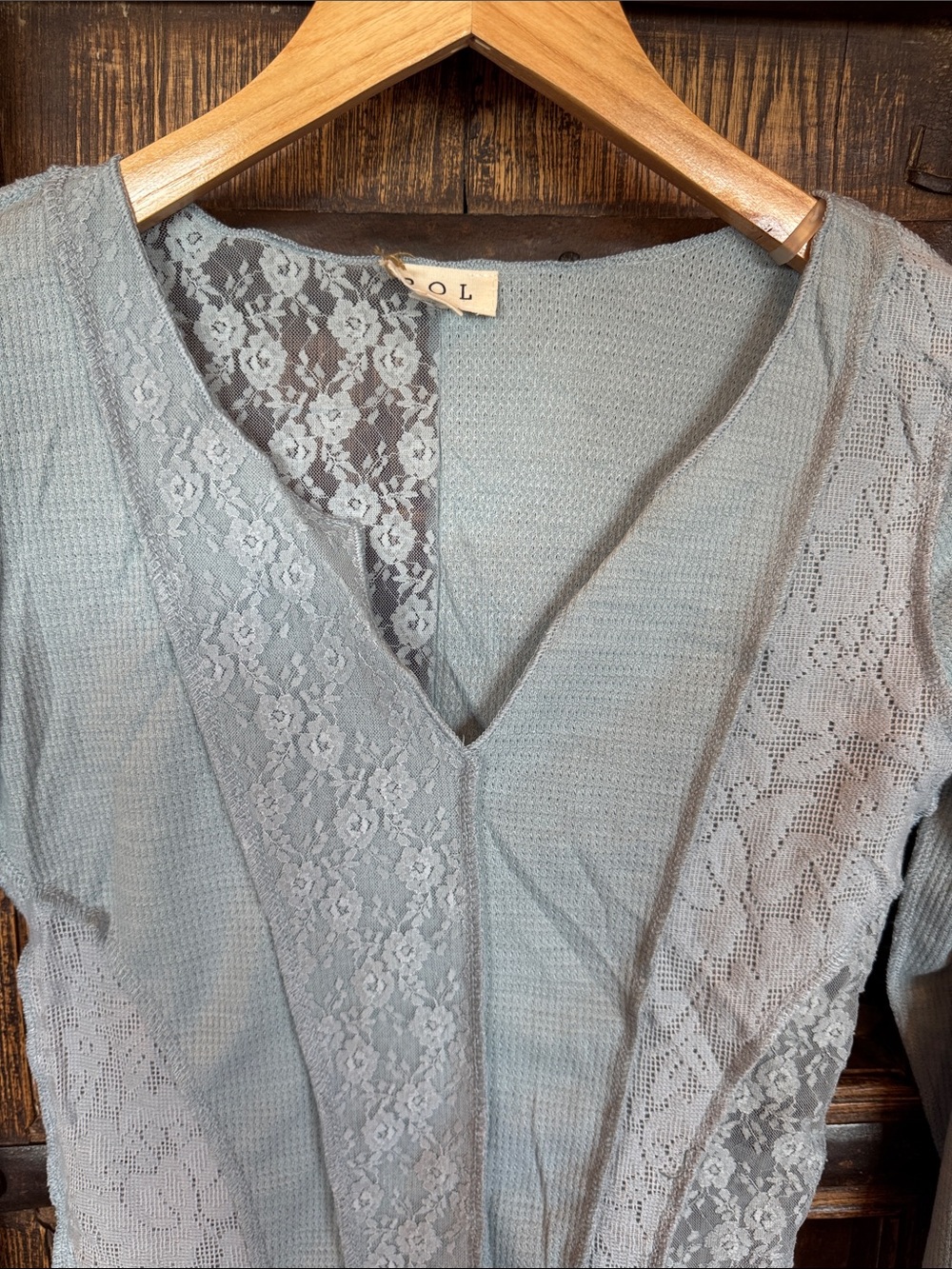 POL Light Blue Lace Panel V-Neck Long Sleeve Top - Picture 4 of 5